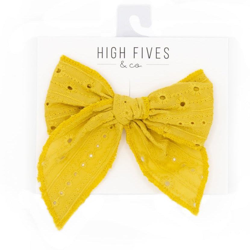 High Fives Eyelet Lace Bow Clip with Long Tails - Mustard