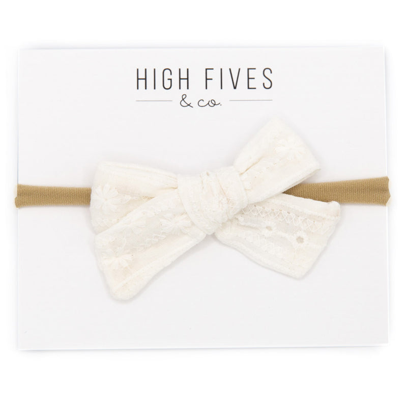 High Fives Eyelet Bow Nylon Headband - White Cross Stitch