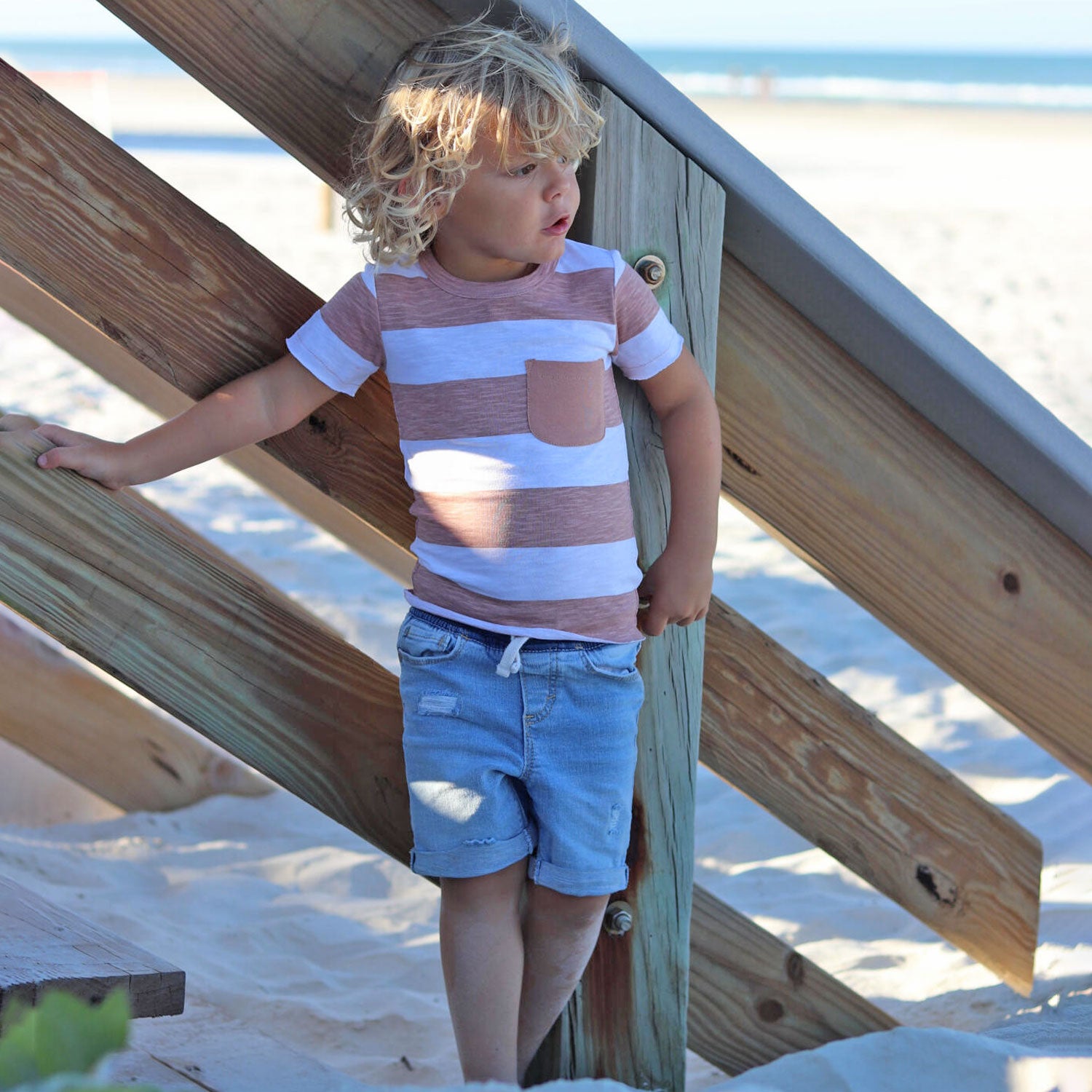 Boy wears Lovedbaby Kids' Slub Jersey Crewneck Tee - Adobe Stripe