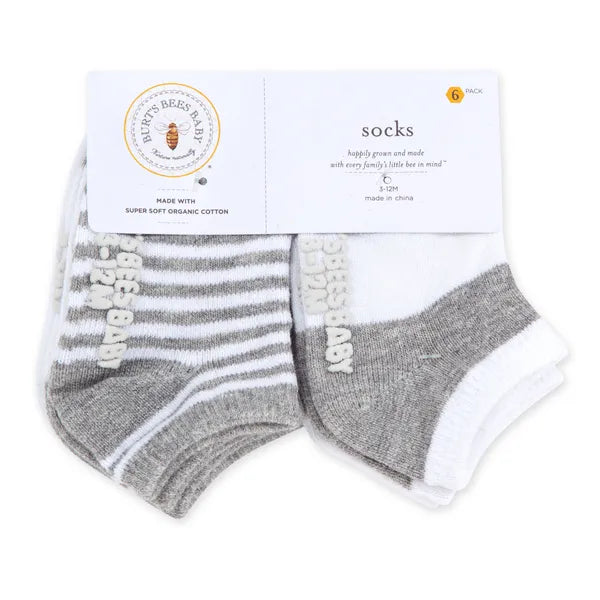 Burt's Bees Solid & Stripes Organic Cotton Baby Ankle Socks 6 Pack - Heather Grey