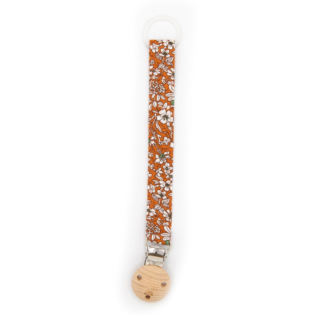 The Baby Cubby Linen Pacifier Clip - Wood Top with 3 Holes - Rust Floral