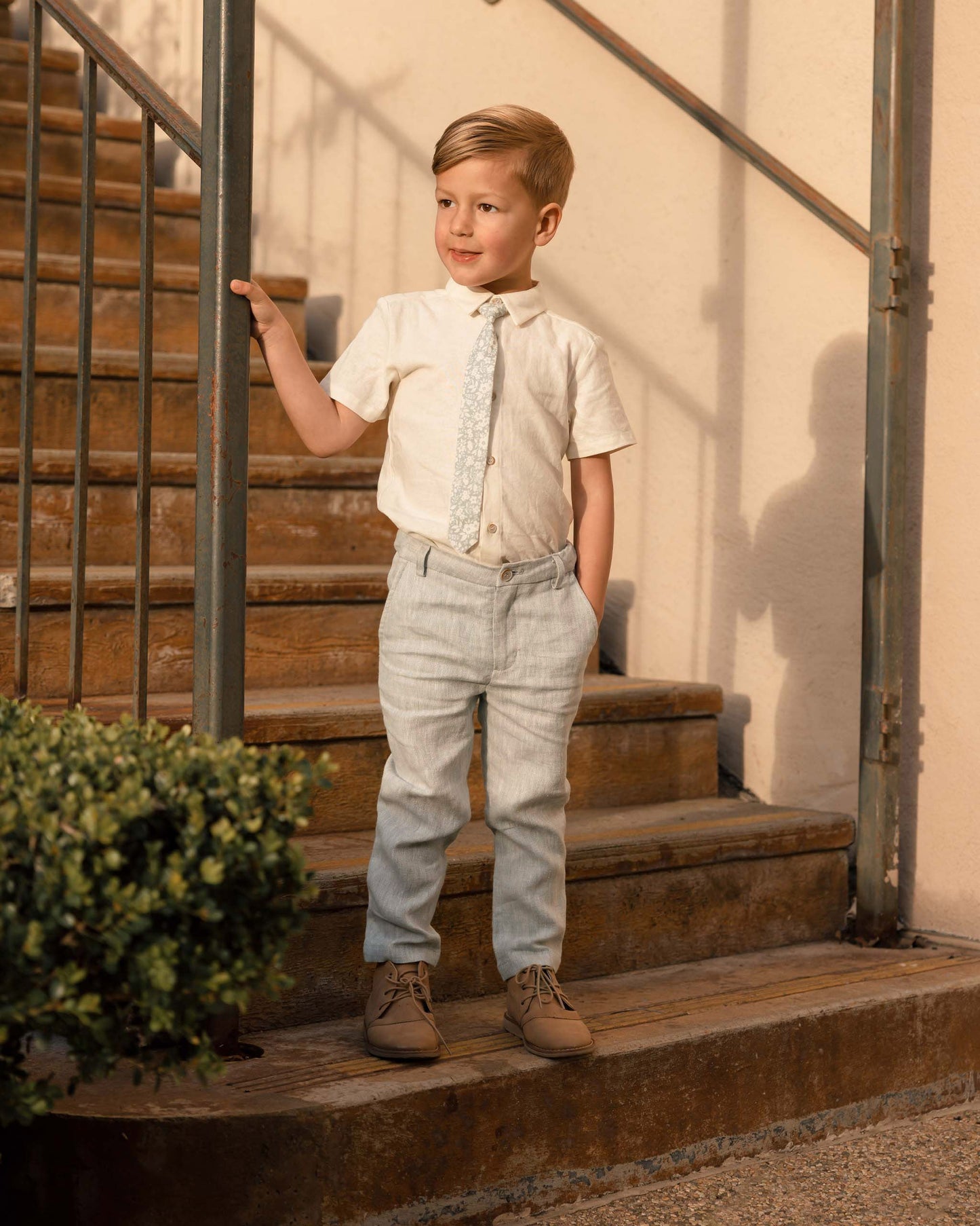 Boy wearing Noralee Atlas Shirt - Ivory with pants and tie