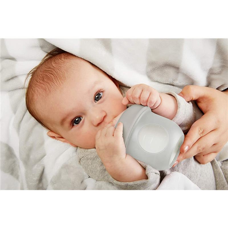 Baby Drinking from Boon NURSH Silicone Pouch Bottle - 4oz - Light Gray