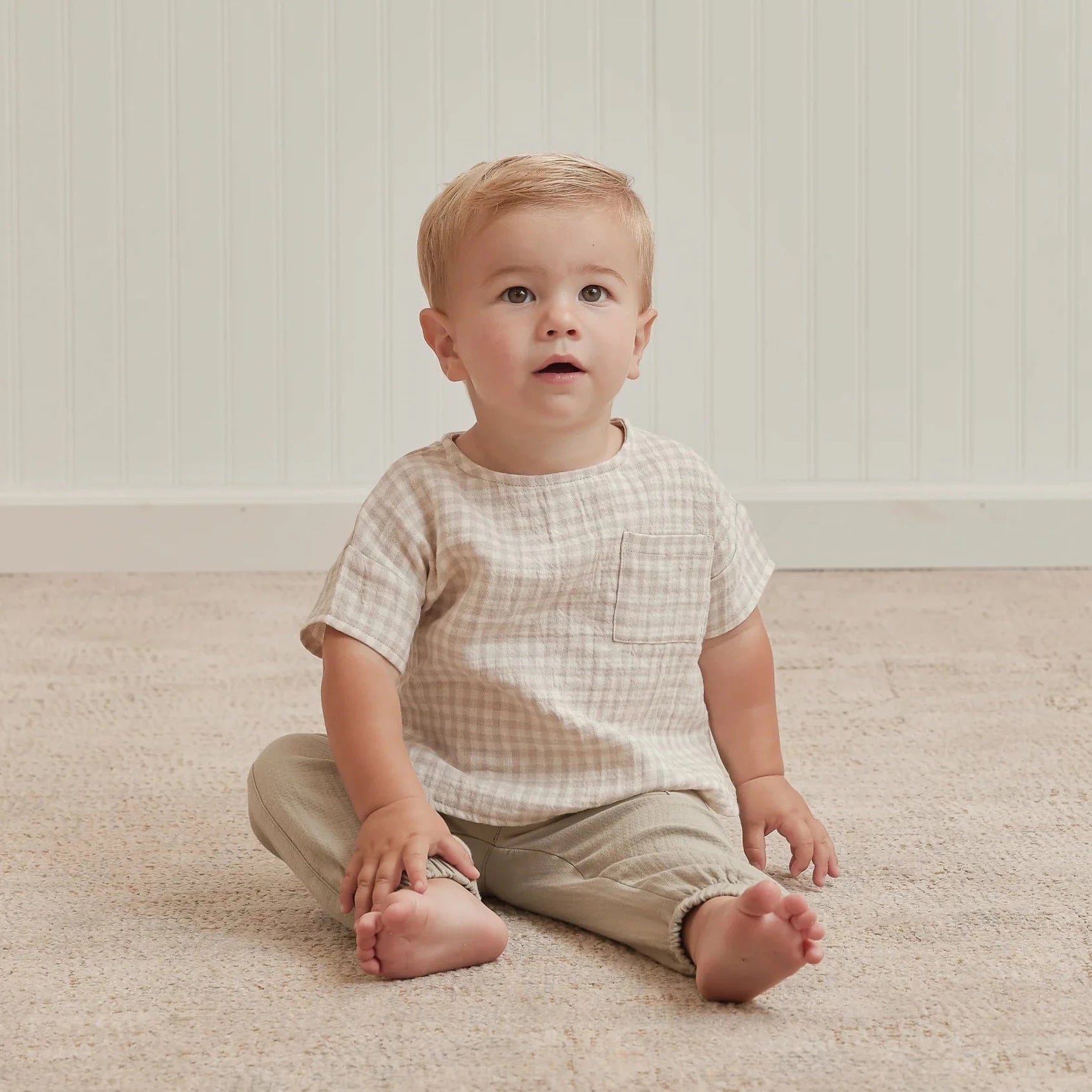 Little boy wearing Quincy Mae Woven Boxy Top - Silver Gingham