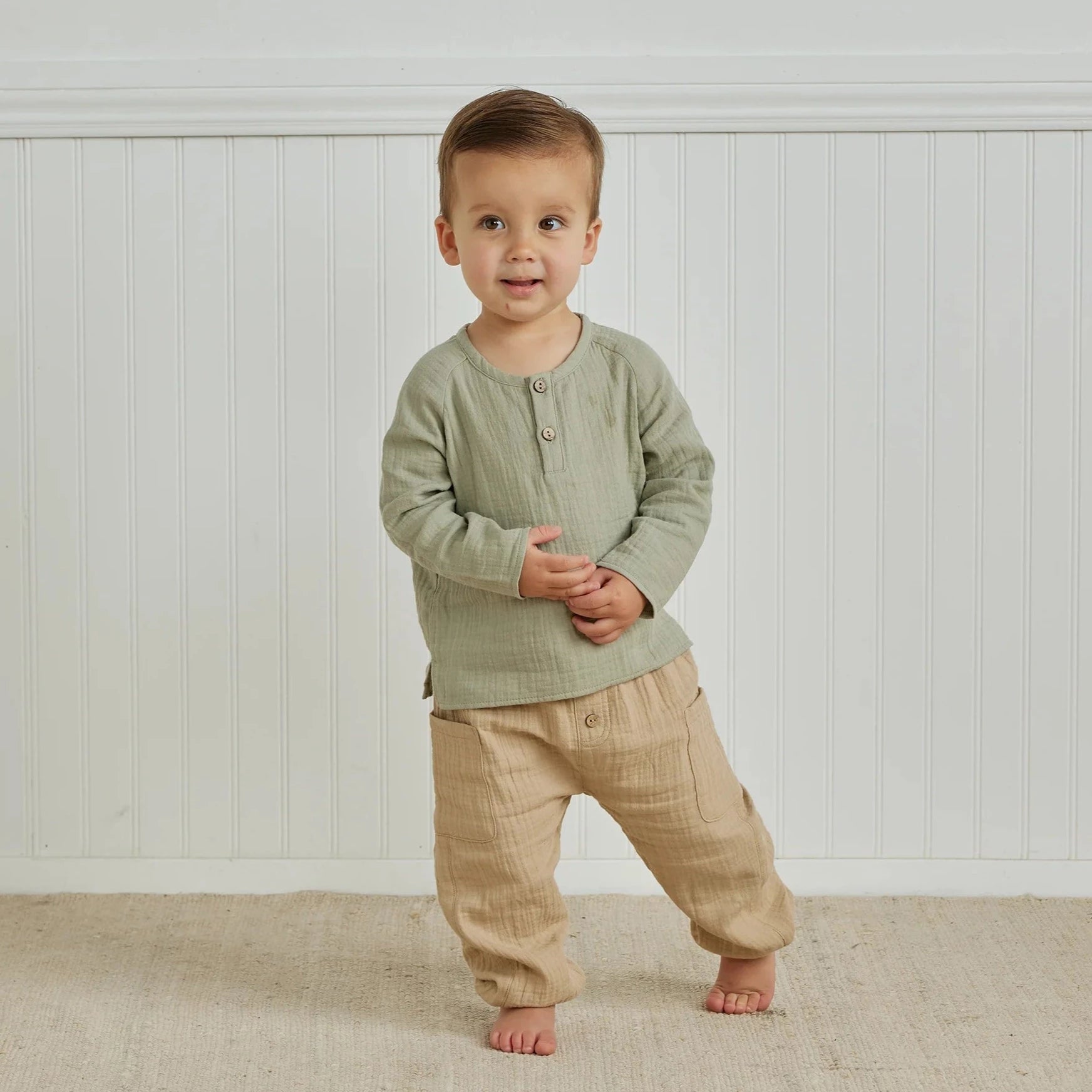 Little boy wearing Quincy Mae Zion Shirt - Pistachio
