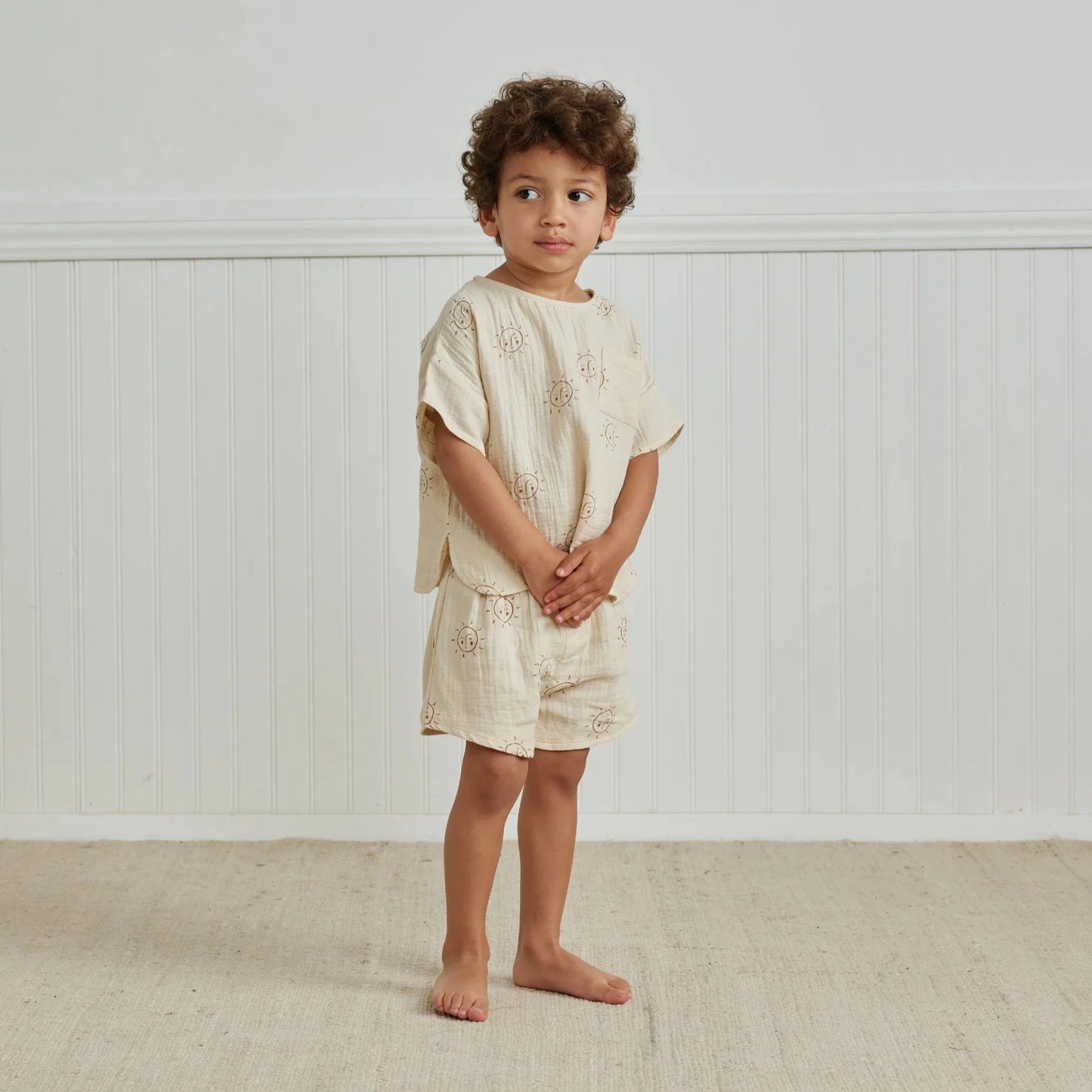 Little boy wearing Quincy Mae Woven Boxy Top - Suns - Natural