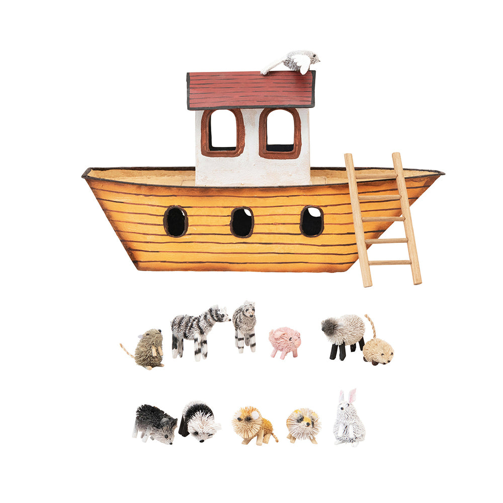 Creative Co-op Handmade Noah's Ark with Sisal Animals - Set of 13 