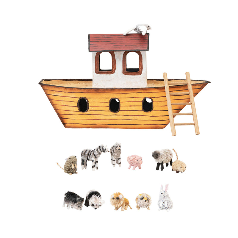 Creative Co-op Handmade Noah's Ark with Sisal Animals - Set of 13 