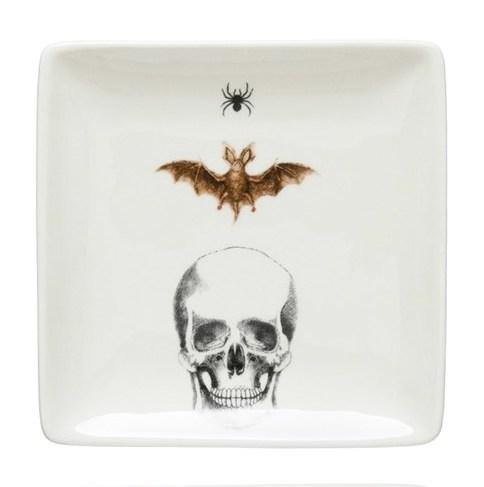 Creative Co-op Halloween Square Stoneware Plate - 5" - Spider, Bat and Skull