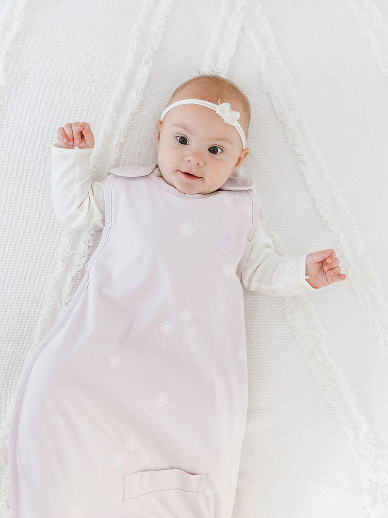 Baby wearing Woolino Organic Cotton Baby Sleep Bag - Dandelions