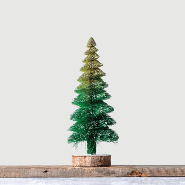 Creative Co-op Bottle Brush Ombre Tree on Wood Base - 14" - Light Green to Green