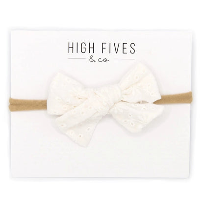 High Fives Eyelet Bow Nylon Headband - White