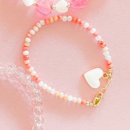 LittleLundsCo Baby Bracelet - Pink Coral Mix with White Heart Charm