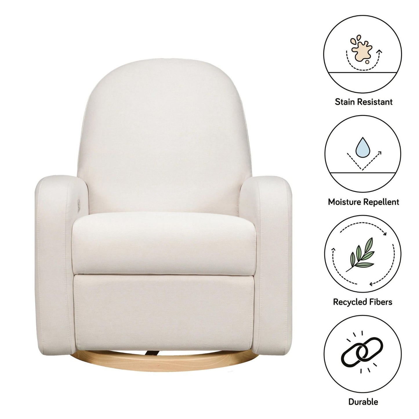 Babyletto Nami Electronic Recliner and Swivel Glider with USB Port - Performance Cream Eco Weave with Light Wood Base
