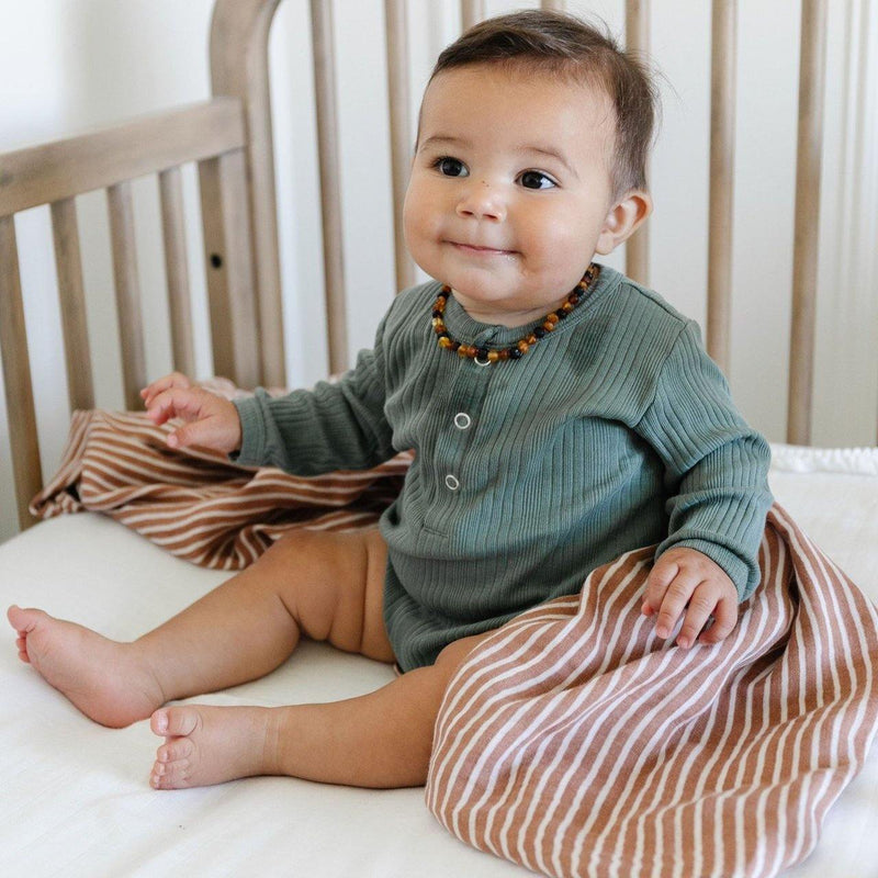 Baby Boy with Saranoni By Hope Bamboo Muslin Swaddle - Camel Stripe