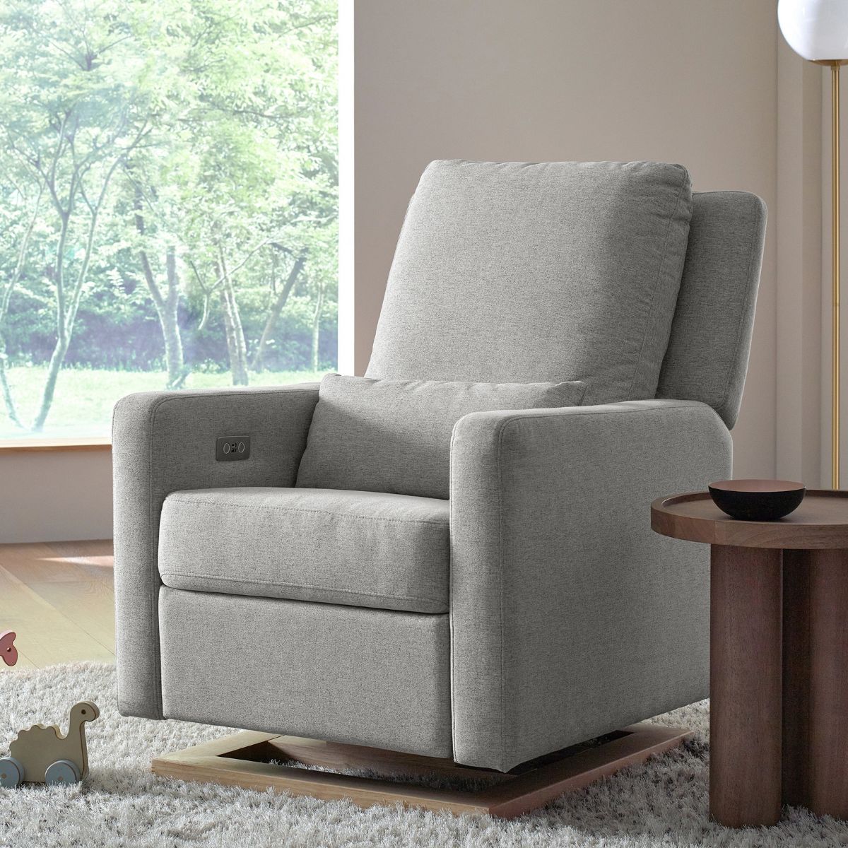 Babyletto Sigi Electronic Recliner and Glider with USB Port - Performance Grey Eco-Weave with Light Wood Base in home