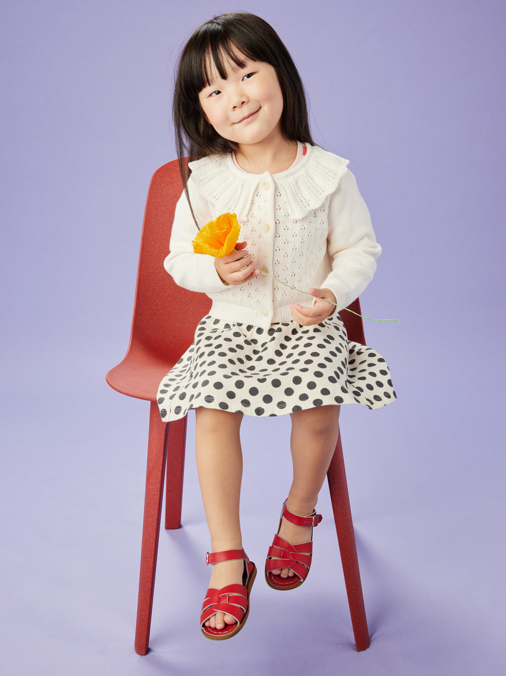 Little girl wears Tea Collection Collared Pointelle Cardigan - Chalk