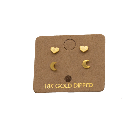 Fame 2Pk Moon and Heart Stud Earrings - Gold