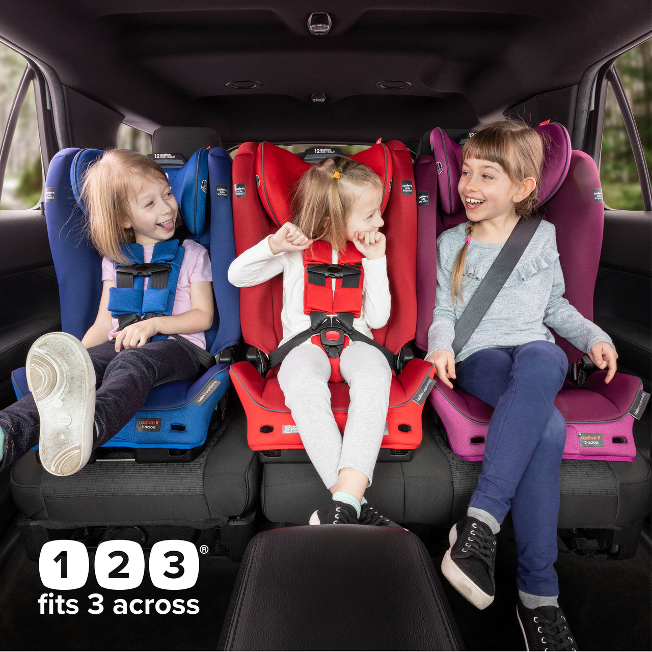 Kids sitting in Diono Radian 3RXT Safe+ Convertible Car Seat - Blue Sky,  Red Cherry, Purple Plum